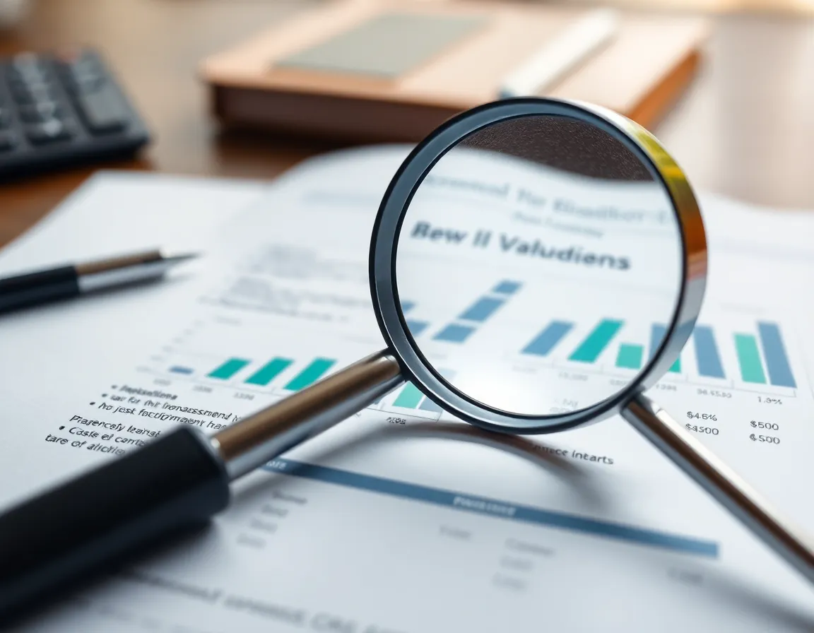 A magnifying glass over a financial document, symbolizing the detailed process of business valuation.